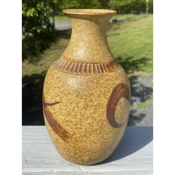 9-1/4" Vintage Brown Glazed Pottery Vase Home Accent Decor Beige Ceramic Retro - Picture 7 of 12